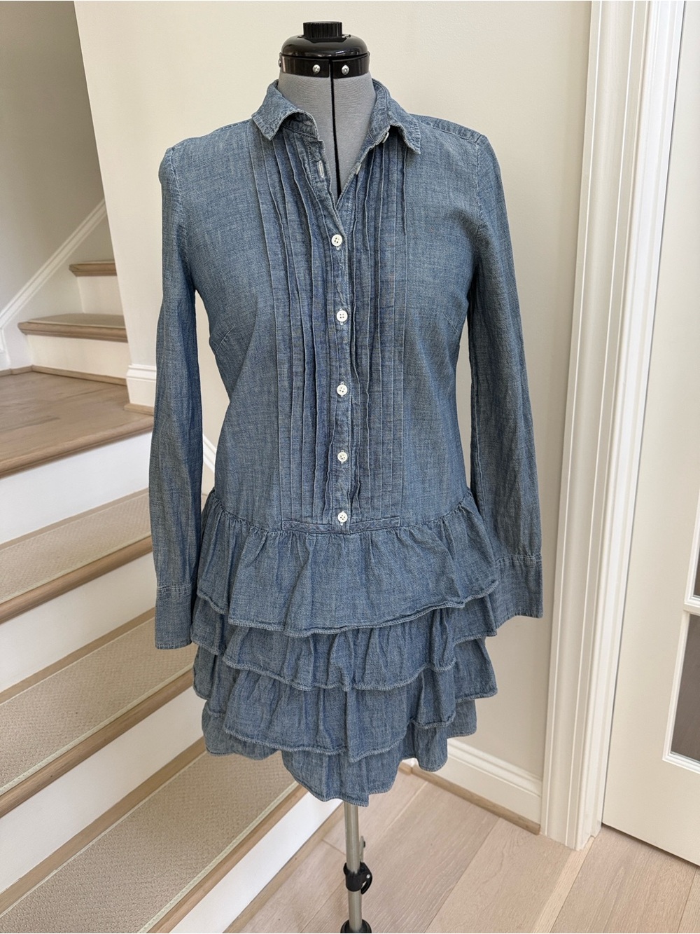 J. Crew Denim Chambray Long Sleeve Ruffled Tiered Dress - Blue